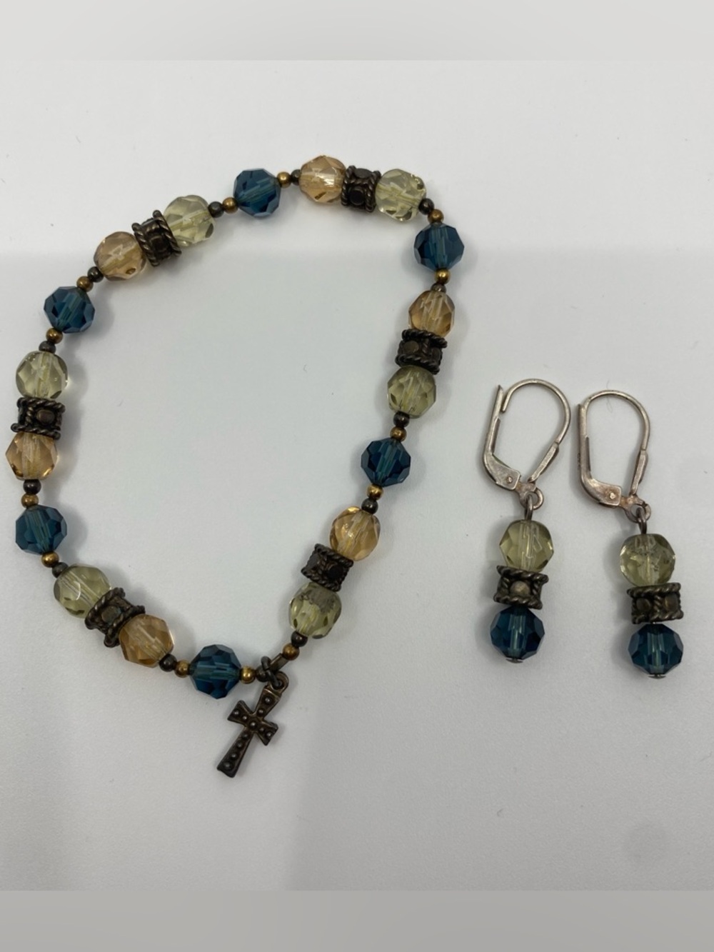 Bracelet and earring set cross charm religious Christian Blue topaz brown